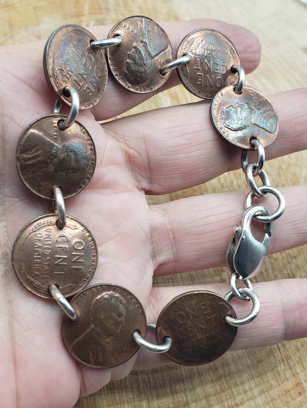 Copper Penny Trench / Folk Art Vintage Link Bracelet w/ Sterling Silver - Unisex
